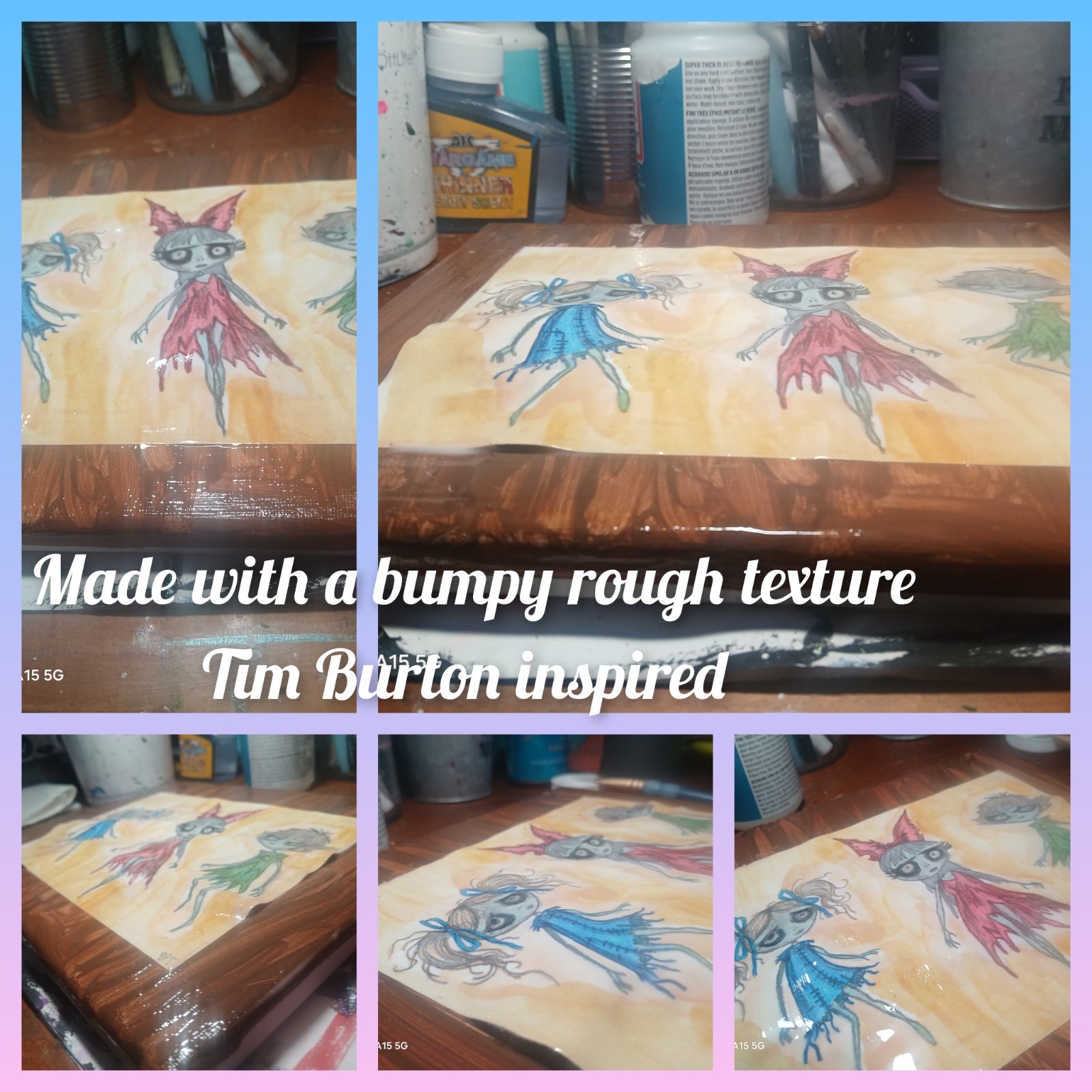 Tish Original Tim Burton Inspired Powerpuff Girls Mixed Media Painting Signed