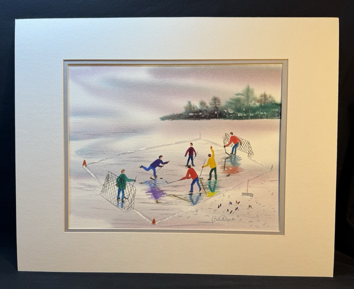 Kathy Boltz Phillips Watercolor Hockey on Ice Pond 20×16″