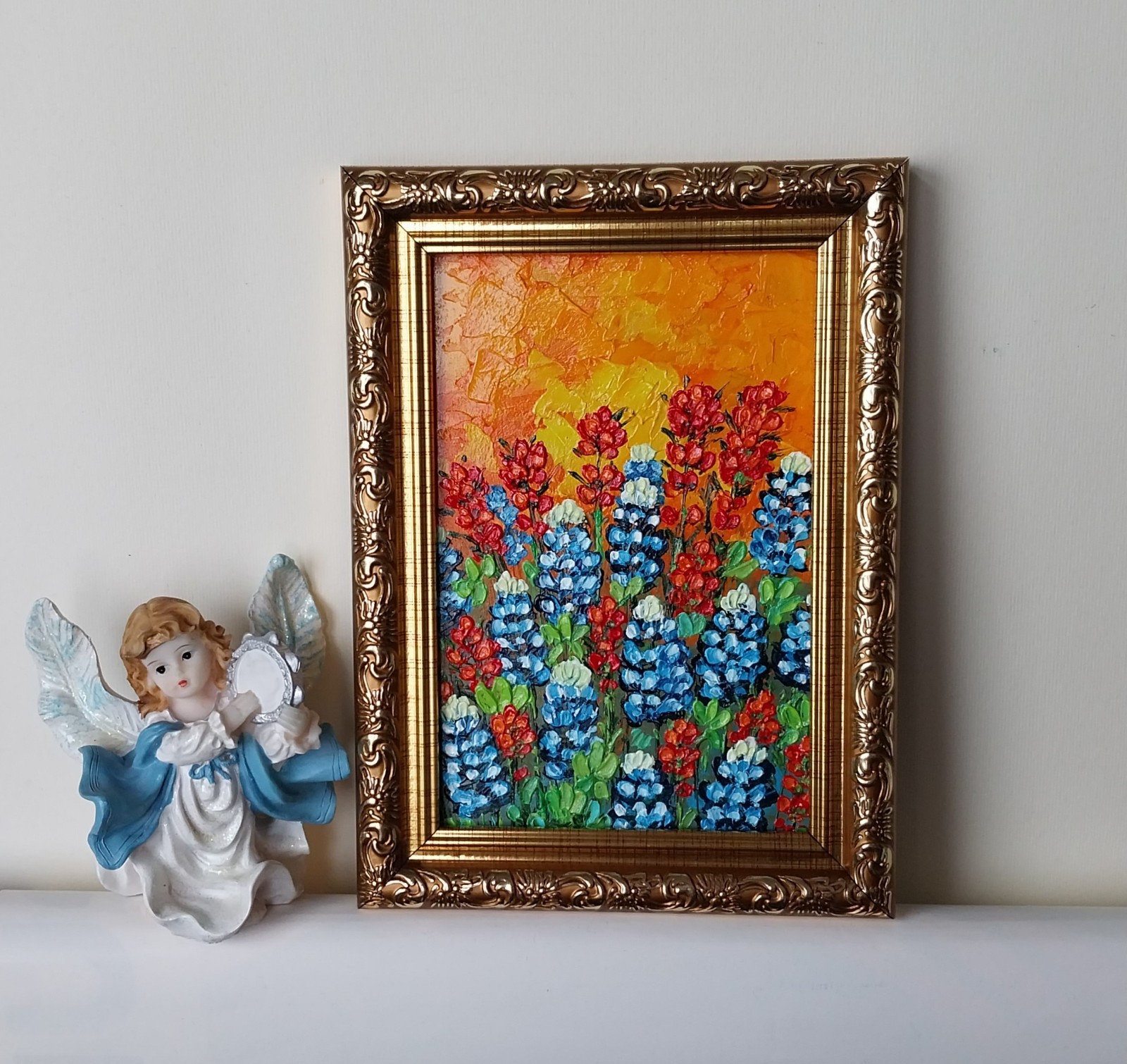 Framed Texas Bluebonnets Indian Brushes Art 4×6″ Impasto Oil Painting Original