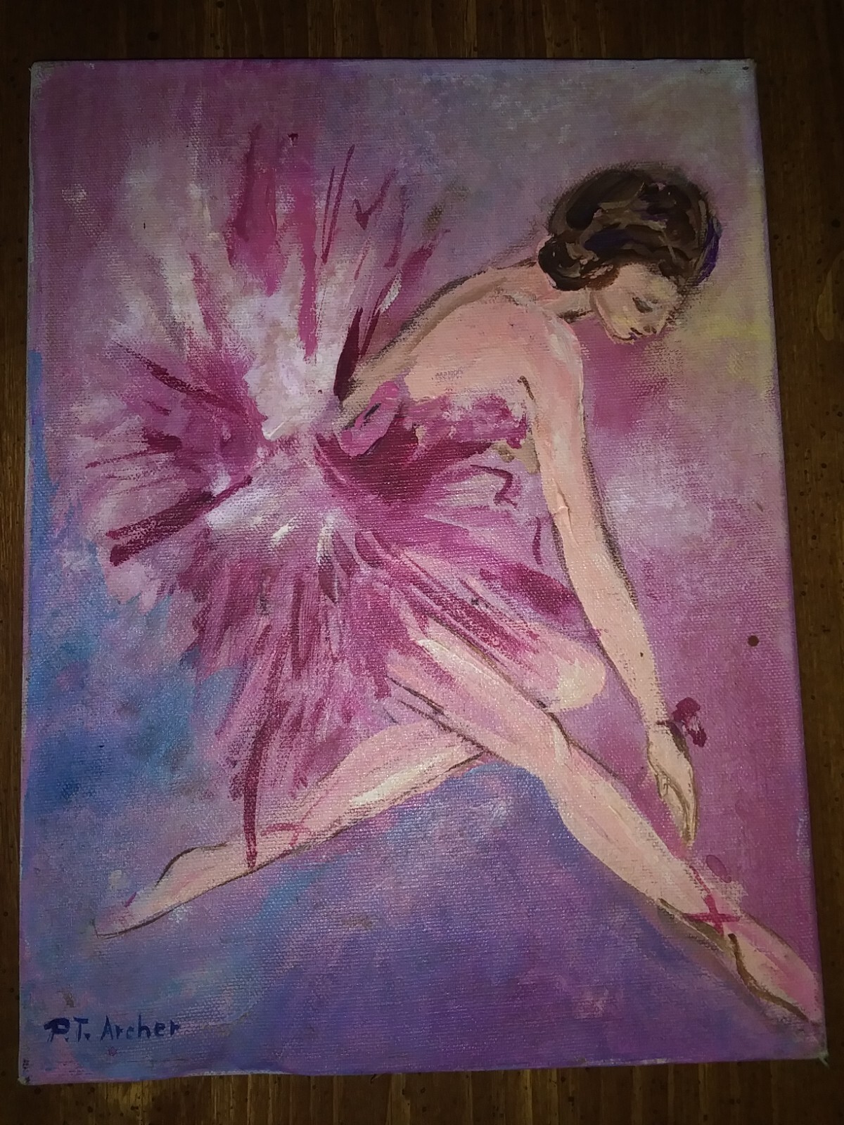 Ballerina dance painting on canvas vintage 1972 by P. T Archer no frame