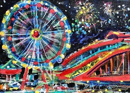 ORIGINAL ACEO Painting CARNIVAL Fair Amusement Park Fireworks Rides Fun ATC ART