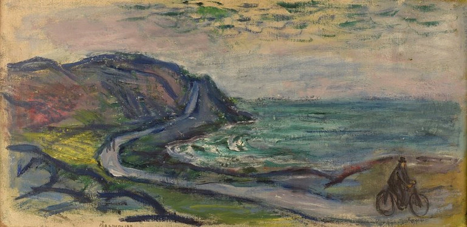Pär Lindblad (1907-1981), Sweden. Oil on canvas. Man on bicycle along the coast.