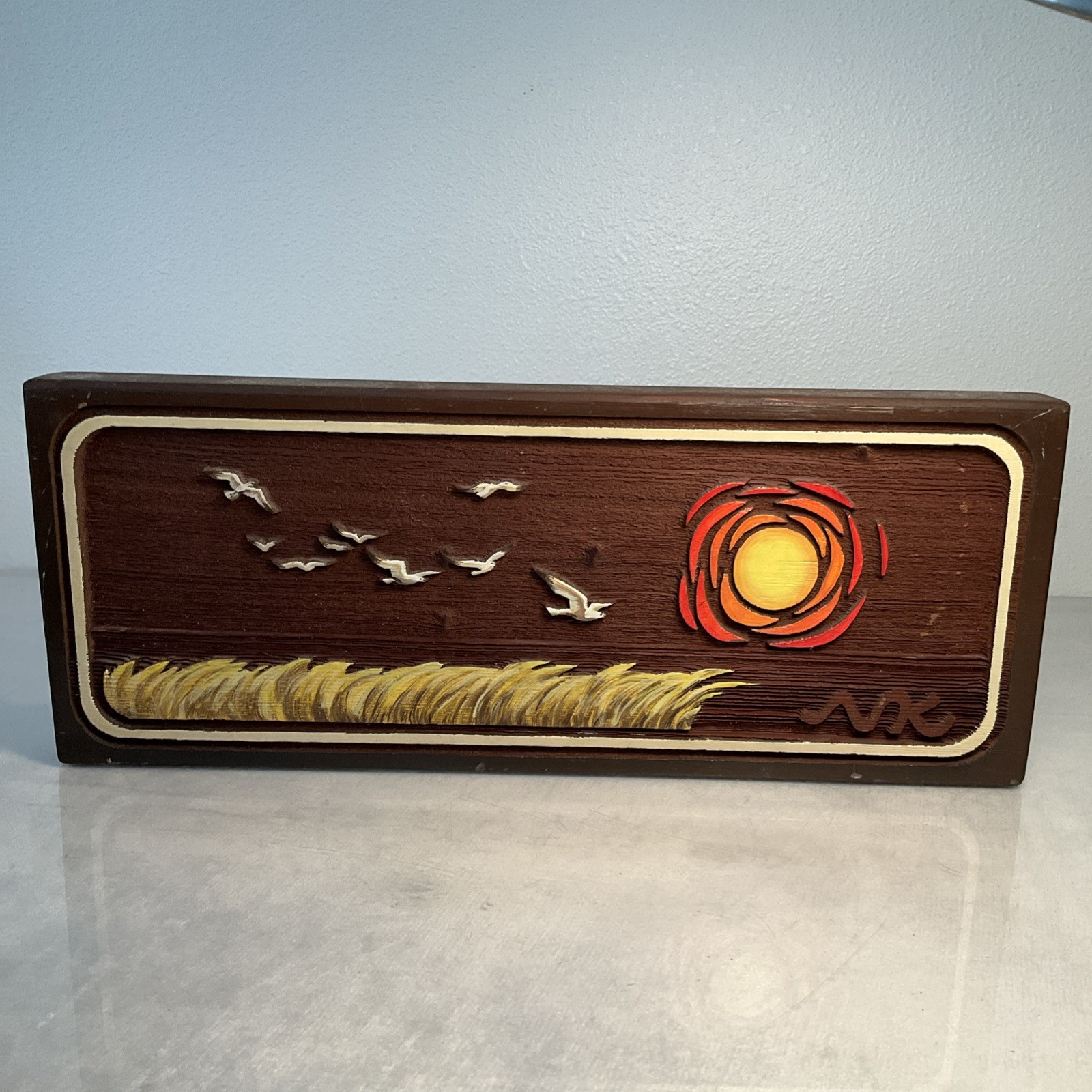Vintage MCM Relief Carved Wood Art Piece Coastal Seagul Mid Century Modern Style