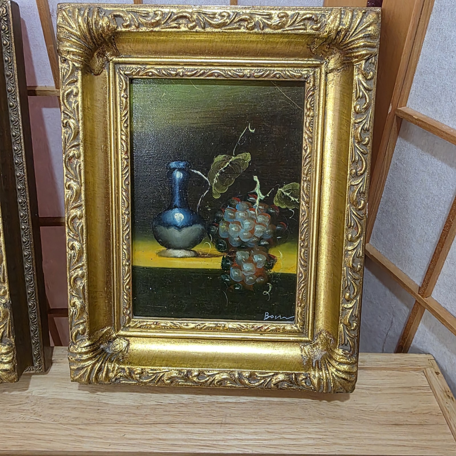 Pair Vtg Small Miniature Signed Art Oil Paintings on Board Framed Gold Ornate