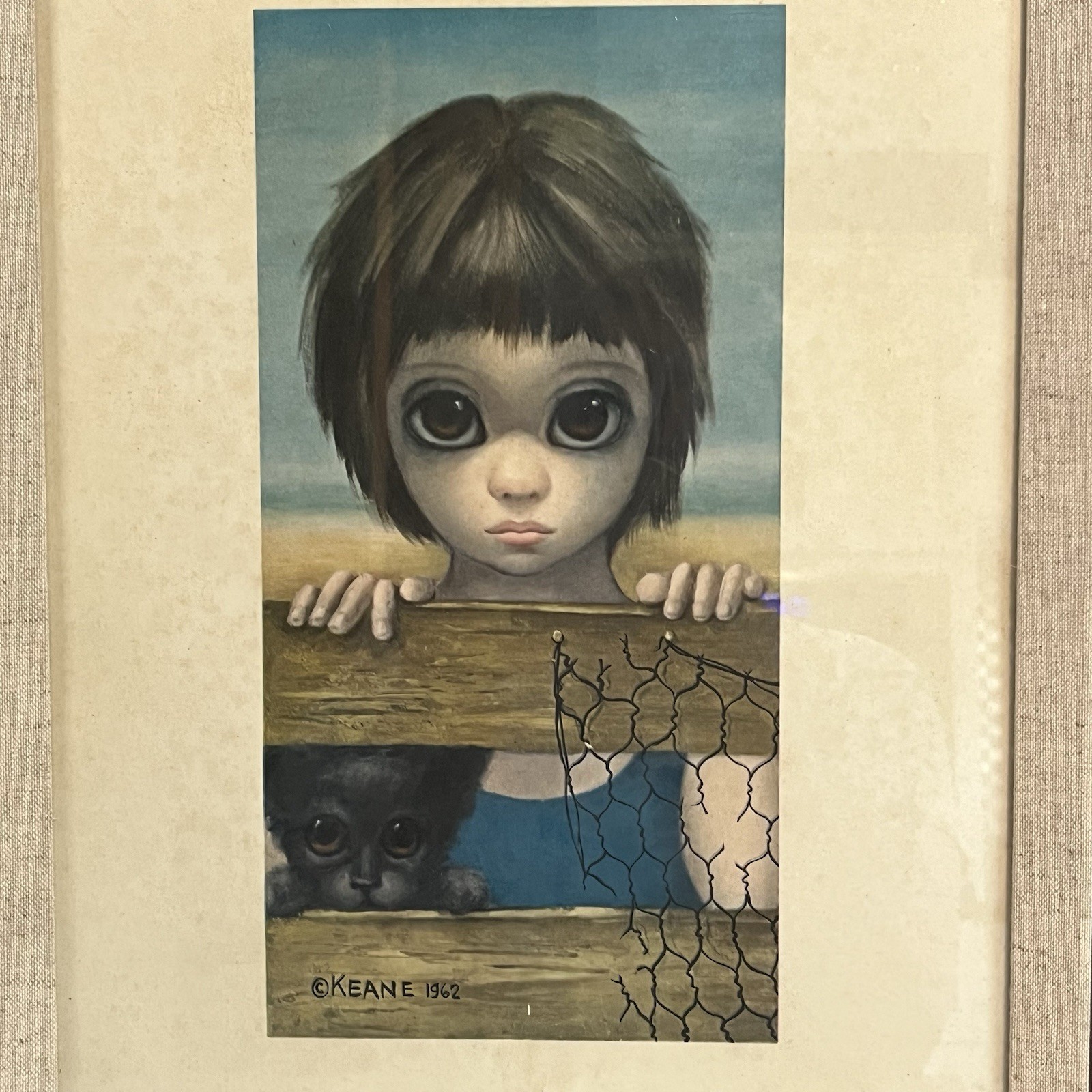 Keane “Watching” 1962 Signed Lithograph Child & Dog 14.5×17.75” Framed Vintage