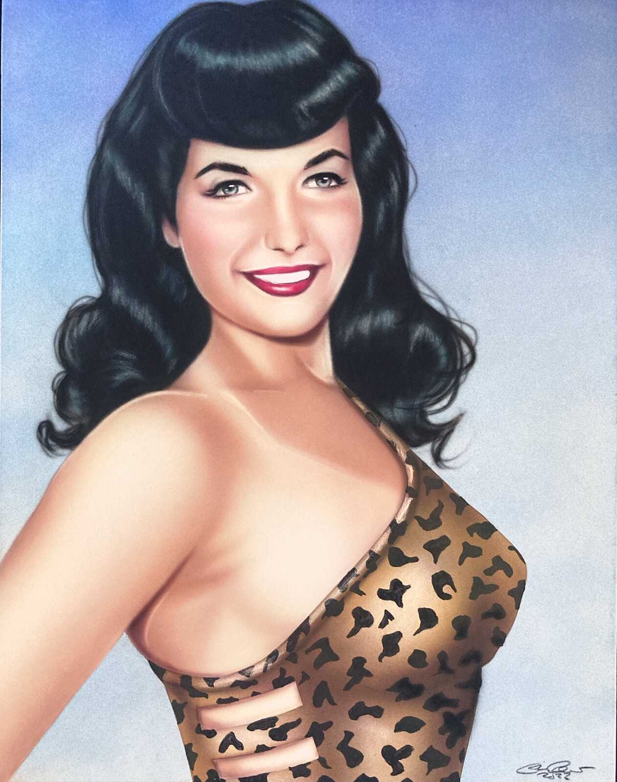 Bettie Page 11×14 Original Painting Airbrush Leopard Print Swimsuit