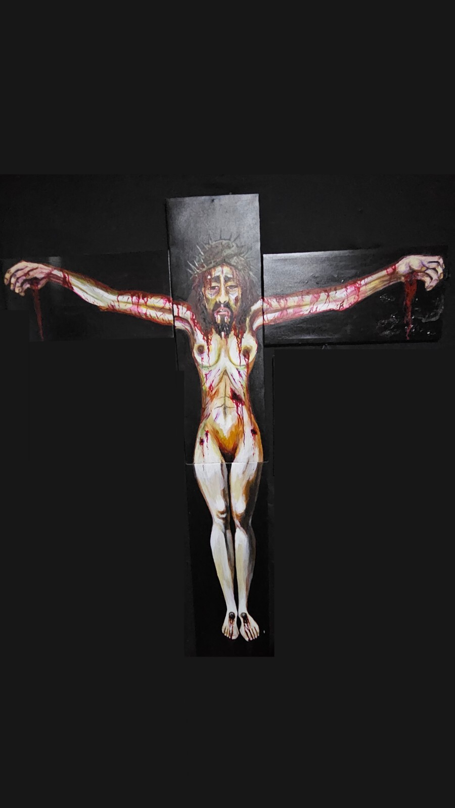 Crucifixion Painting Acrylic On Canvas 4 Pieces. Dark Art Black Metal