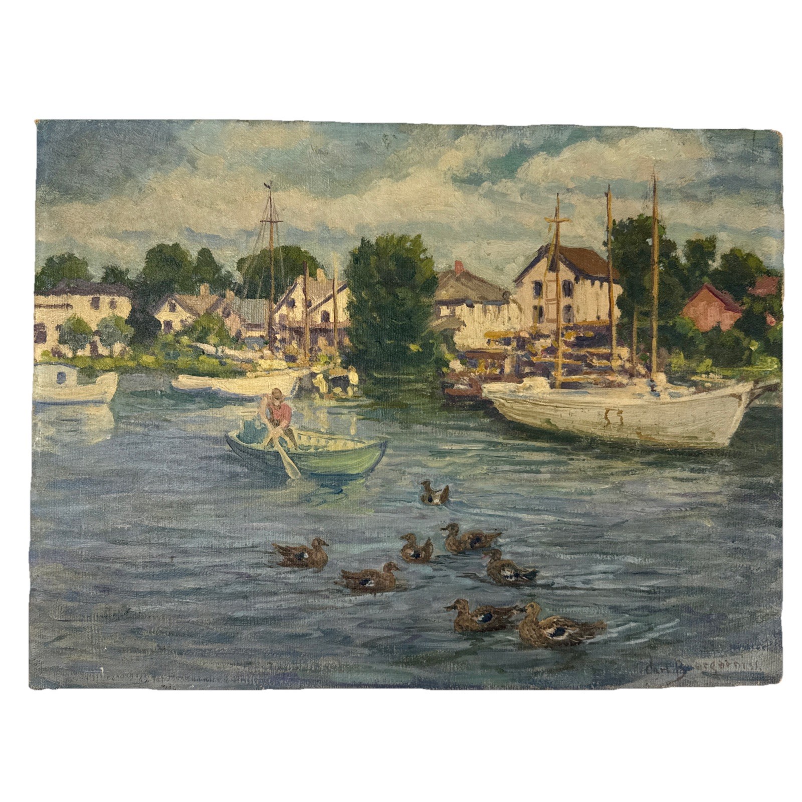 Carl Buergerniss (1877-1956) Boats Ducks In Harbor Oil Painting On Canvas Board