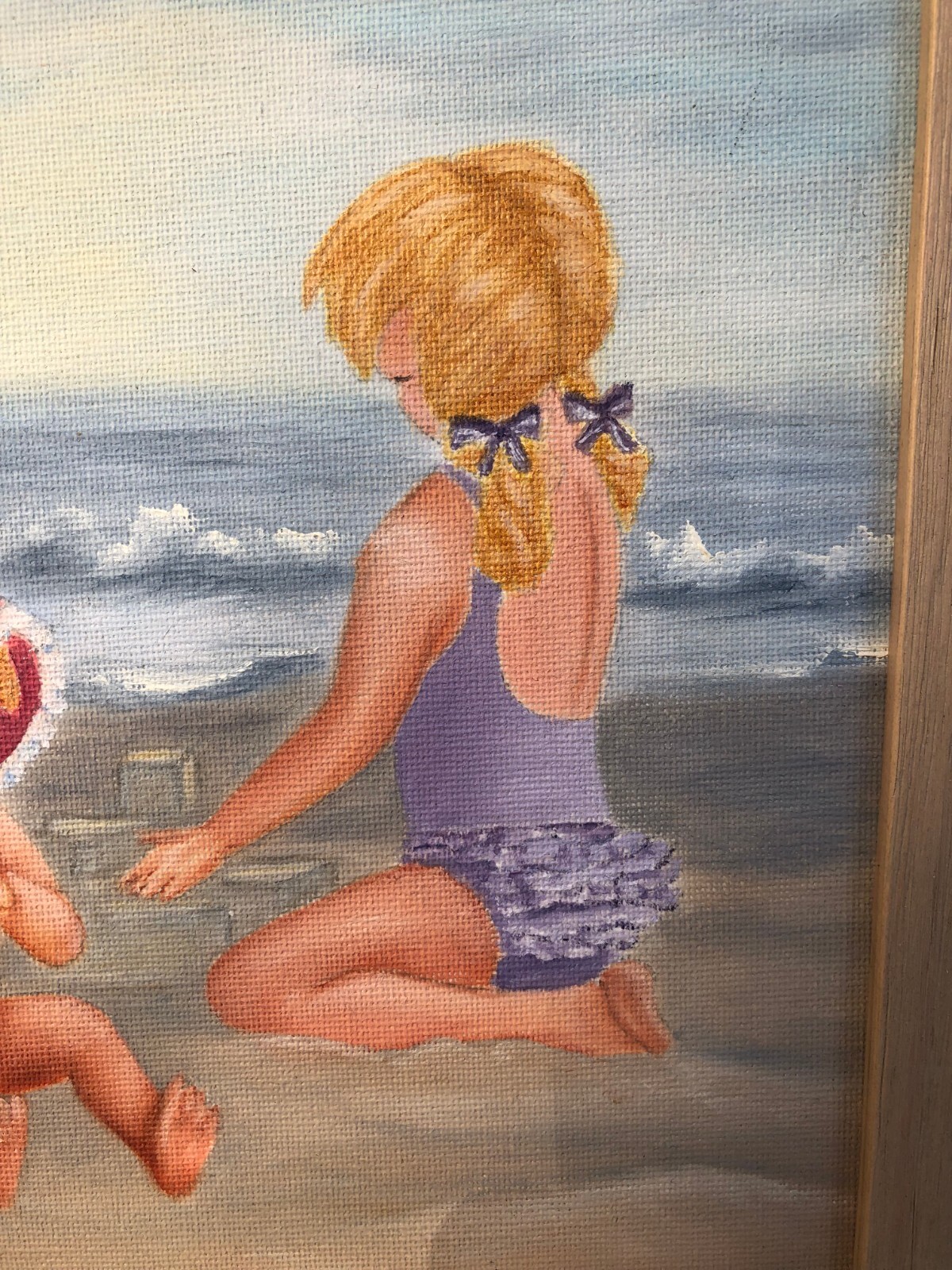 Young Girls Playing on The Beach, Original Oil Painting by Marcy Wright,, FRAMED