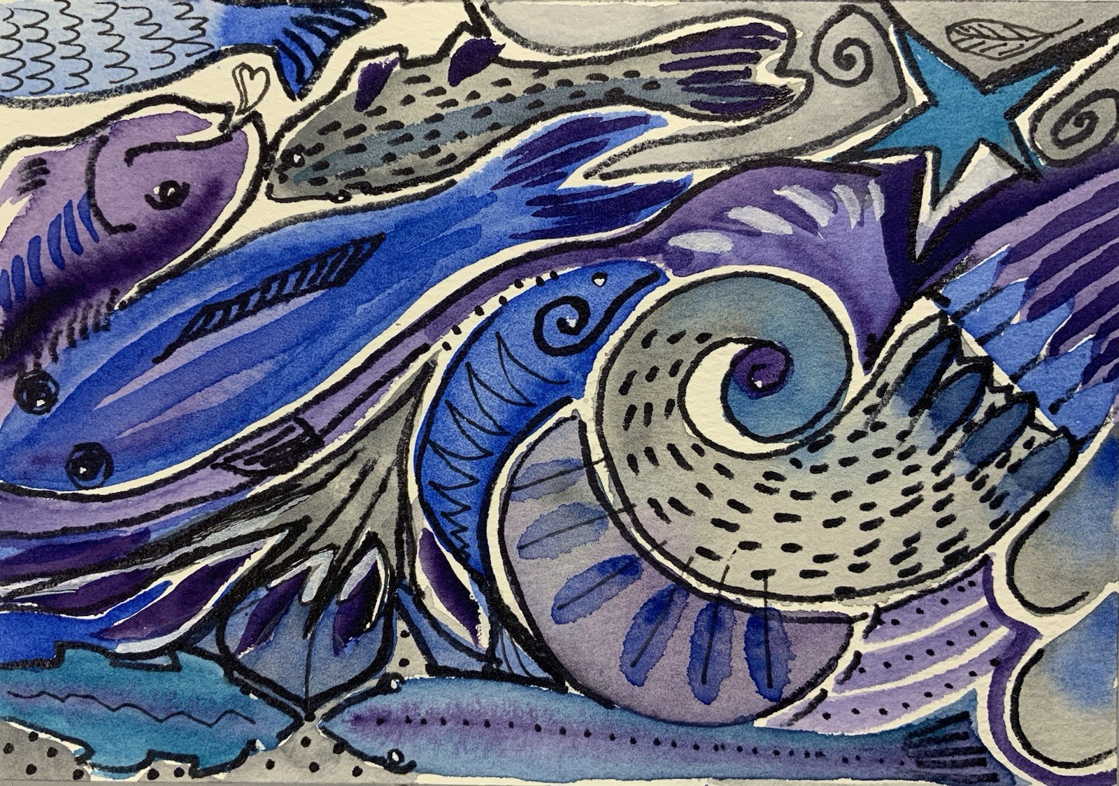 Original Pamela Wilhelm 5”x7” Watercolor Abstract Sealift Fish She’ll Starfish