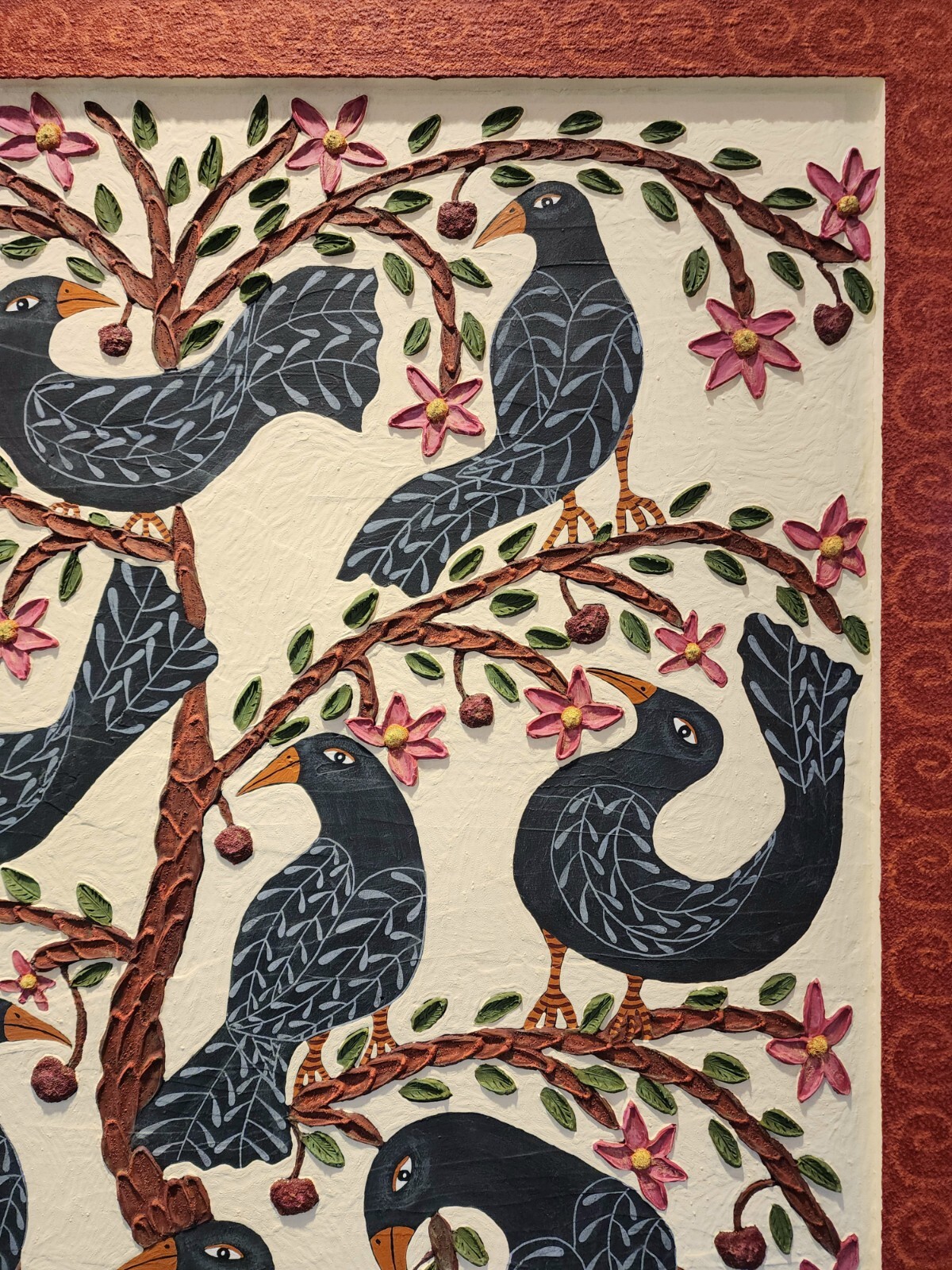 Danette Sperry Southern Primitive Crow Bird Folk Art Painting «Cherry Paradise «
