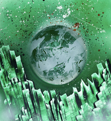 Original hand painted Green to Gray Space Landscape by artist Jason Girard