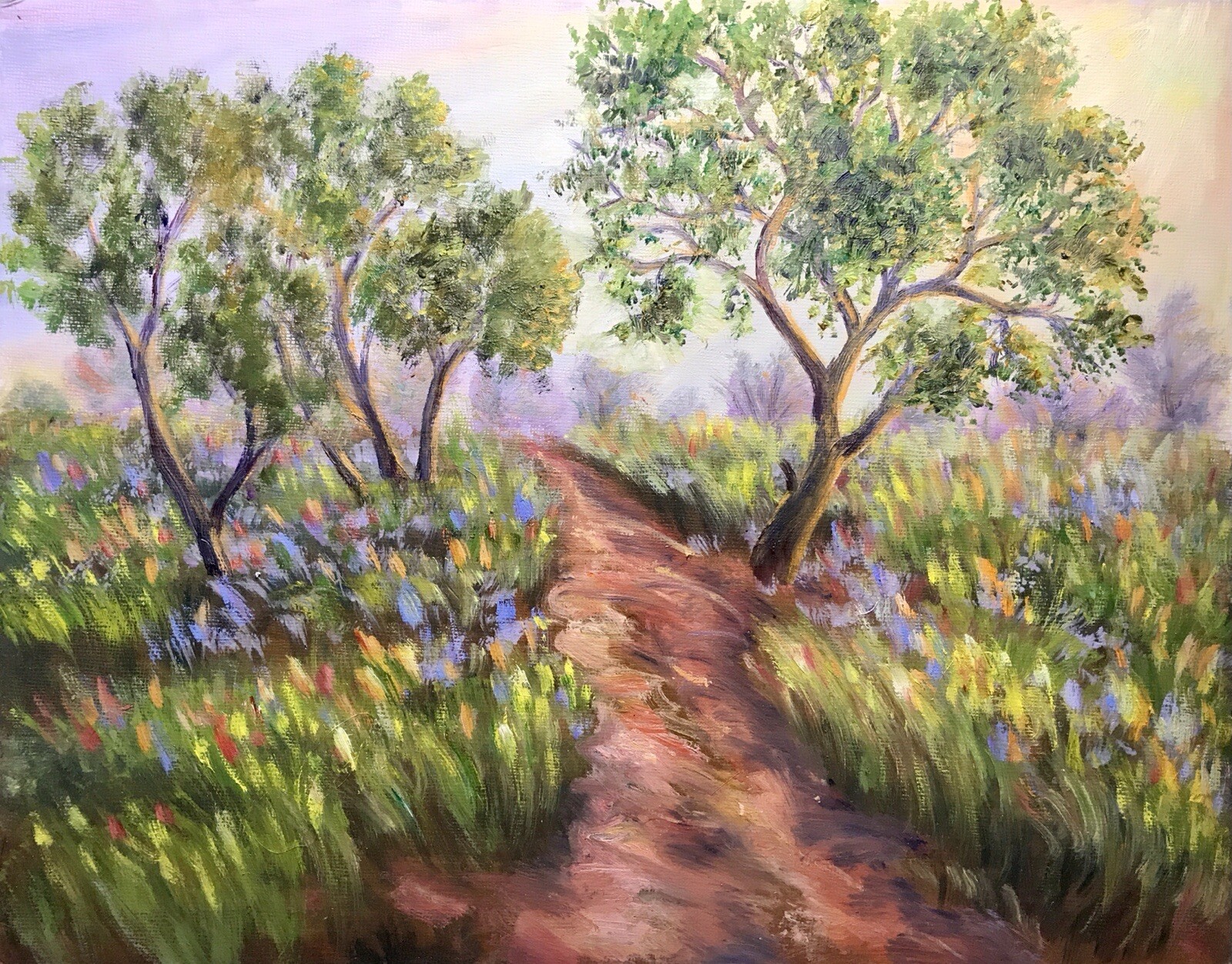 Original Oil Painting Evening Landscape With Path Grass Trees 11×14 Wall Art