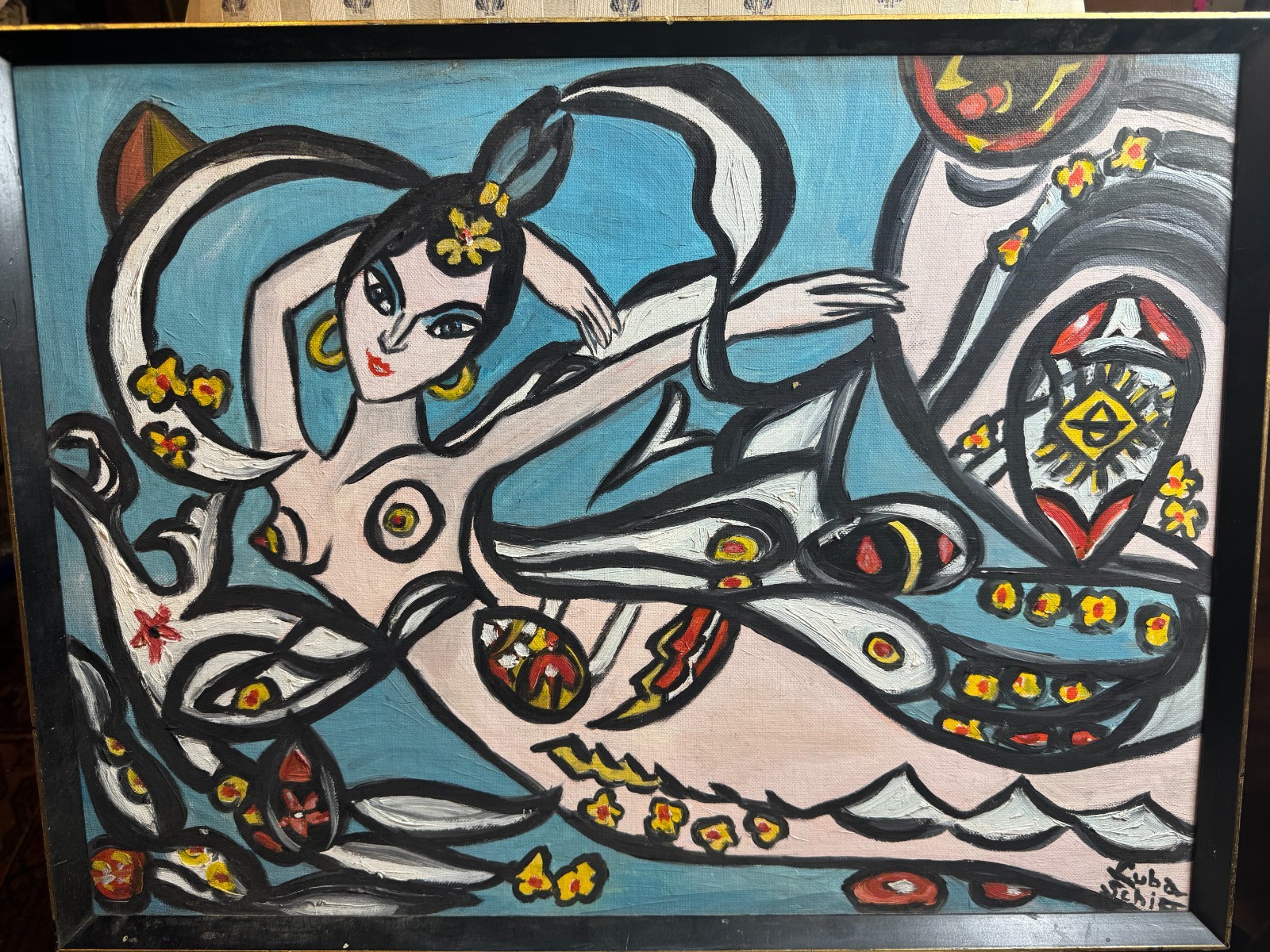 Luba Schiff Framed Figural Mermaid Painting on Canvas Signed Folk Modern 24 x 18