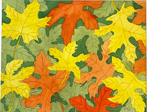 PAINTING WATERCOLOR ORIGINAL ART LEAVES FALL ORANGE YELLOW GREEN 11X14 MAT 16X20