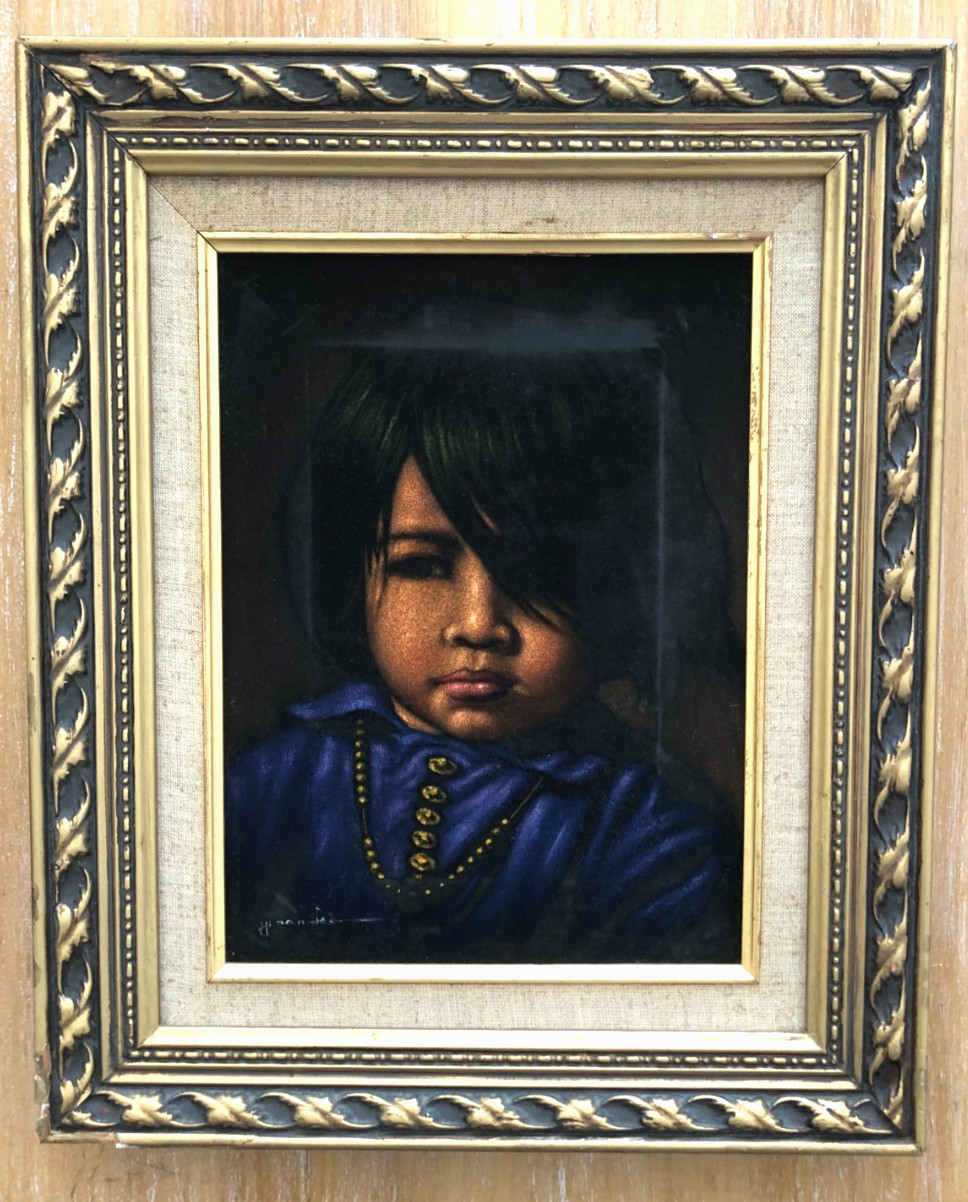 Native American Girl Oil Painting on Black Velvet by Yinan Lee, Vintage Framed