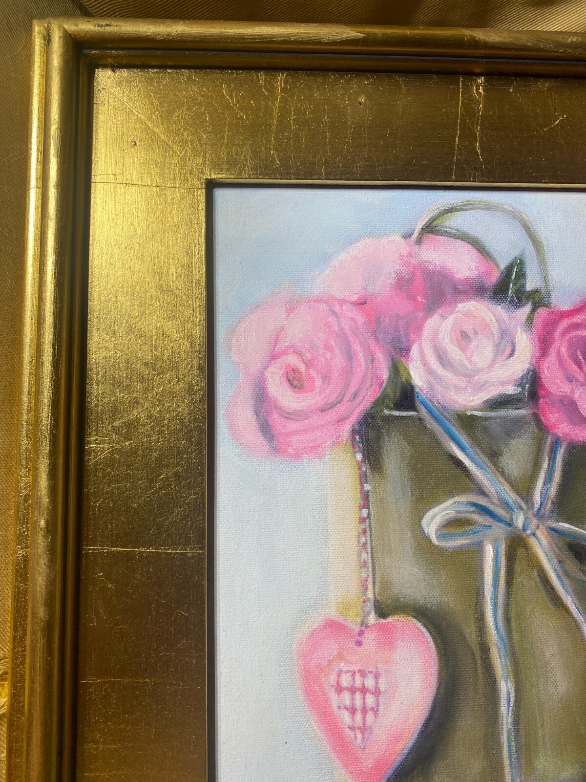 Pearl Mintzer «Hearts And Flowers Scene» Oil Painting – Signed And Framed