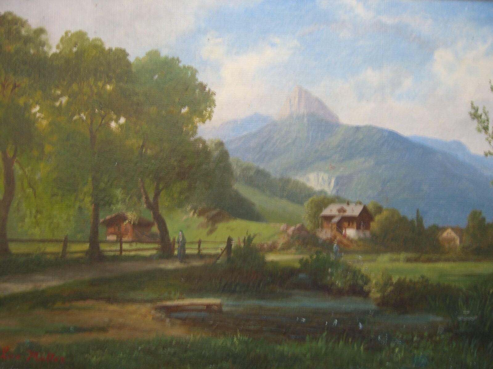 ::ROMANTIC CIRCA 1860 LANDSCAPE FOOTHILLS OF THE Alps oil painting antique frame signed miller