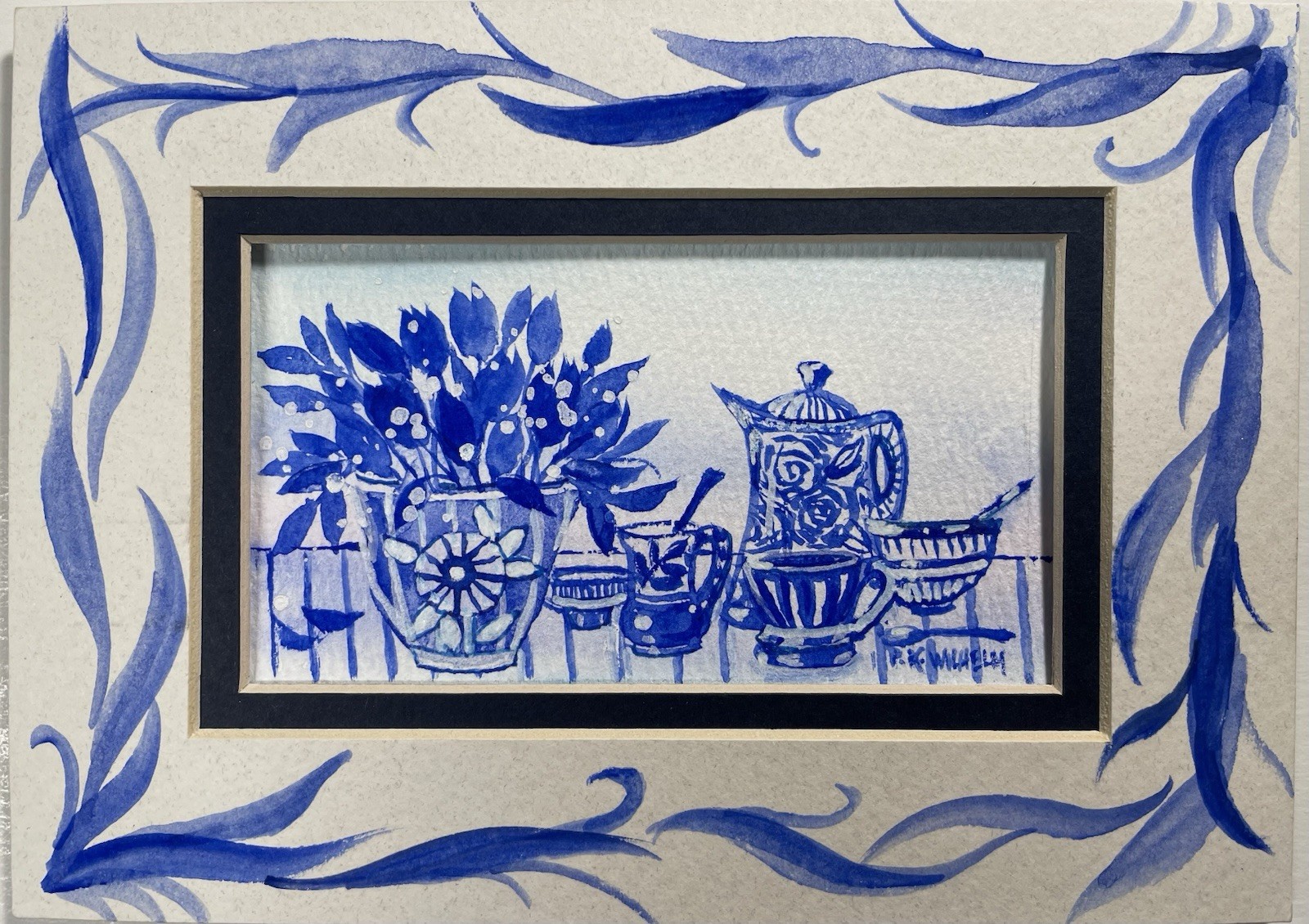 Pamela Wilhelm Tiny 3”x5 Original Blue Delft Look Watercolor Matted To 5×7”