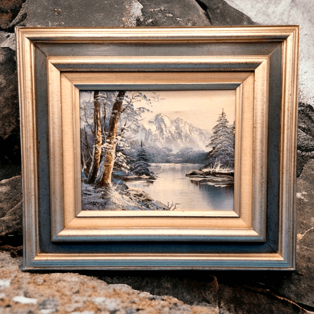 Mountain Lake Oil Landscape Original Painting Signed Cert. Authenticity 16×14