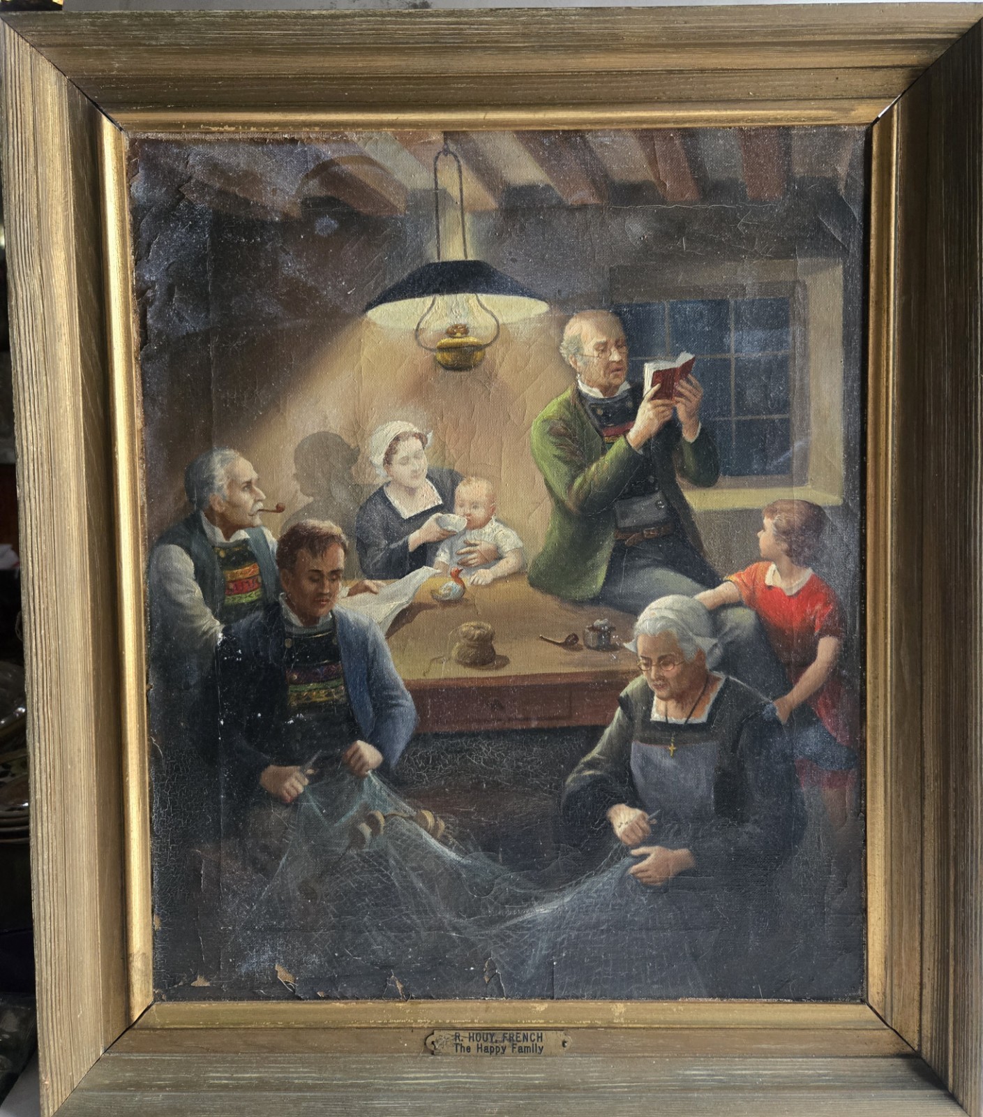 R. HOUY FRENCH 20th CENTURY OIL ON CANVAS PAINTING «HAPPY FAMILY» 2nd OF 2 FOUND