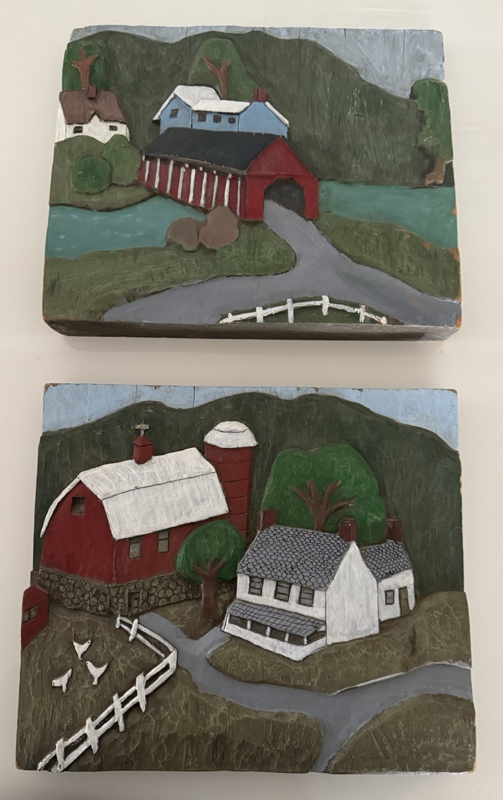 2 VTG 3D Folk Art Hand Carved Wood Plaque Painted Barn Farm Covered Bridge
