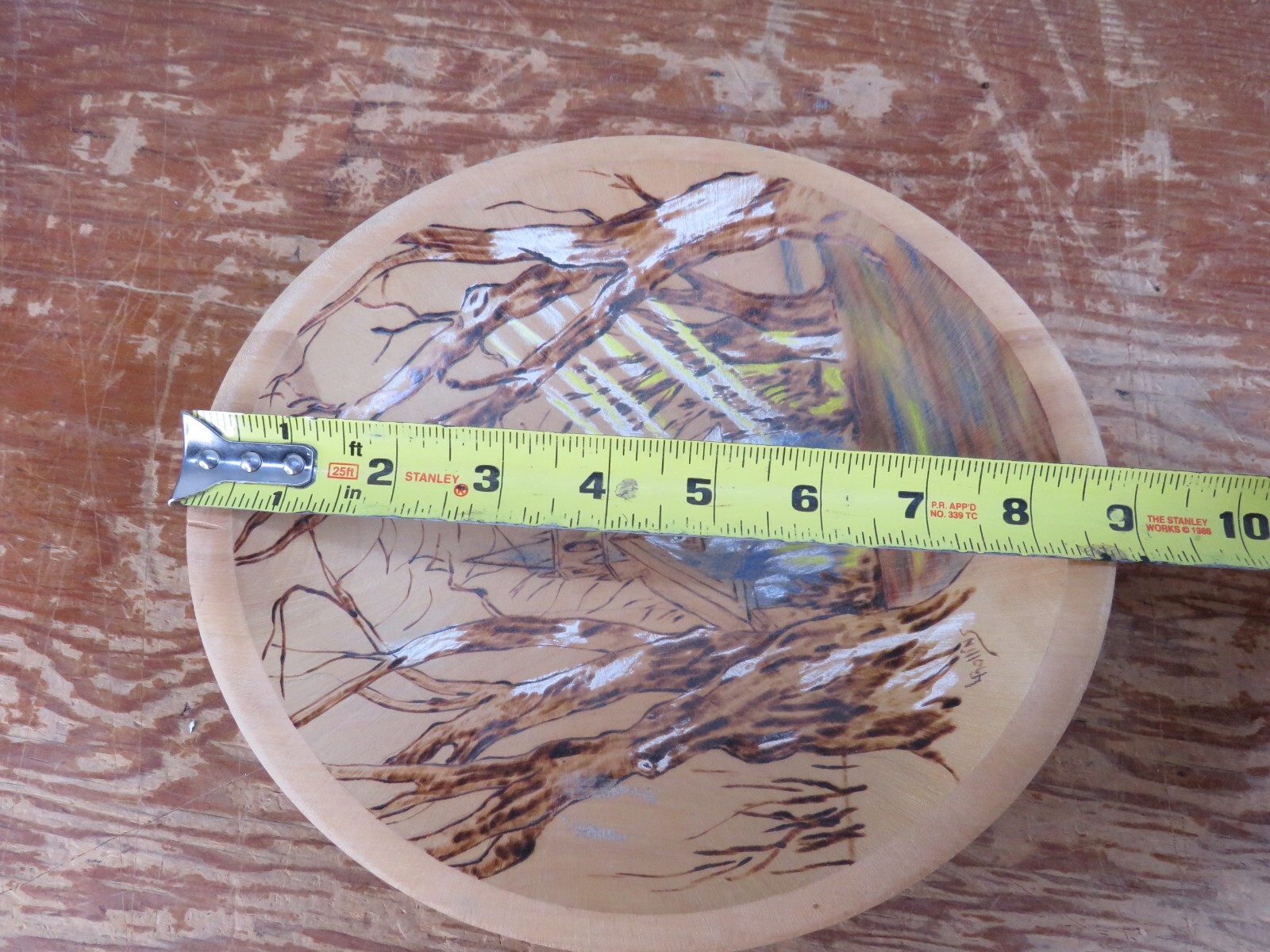 Vintage Wooden Bowl Art Church Trees Painting/Burning 8.25×9 Rollins