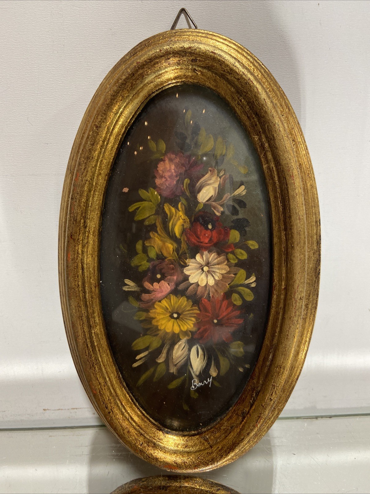 Vtg. Original Miniature Oil Painting Art Flowers Italian Design Signed Illegible