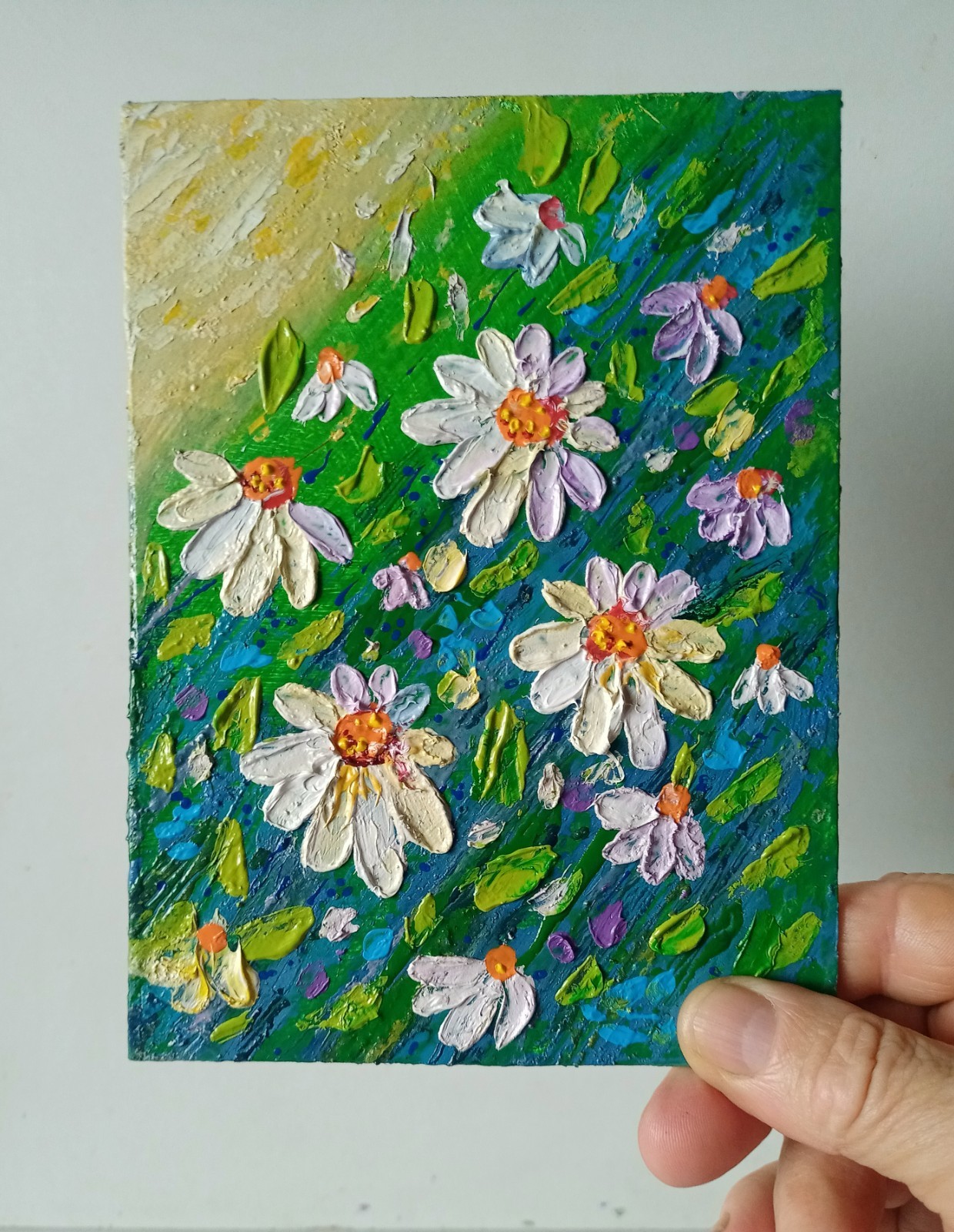 Chamomile Impasto Painting Original Art Impression Oil Painting 7 x 5 in