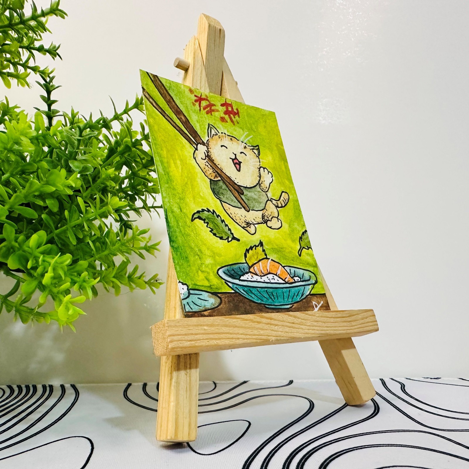 Sushi Cat Green ACEO Original Acrylic Painting Kawaii Kitchen Food Fun Happy Art