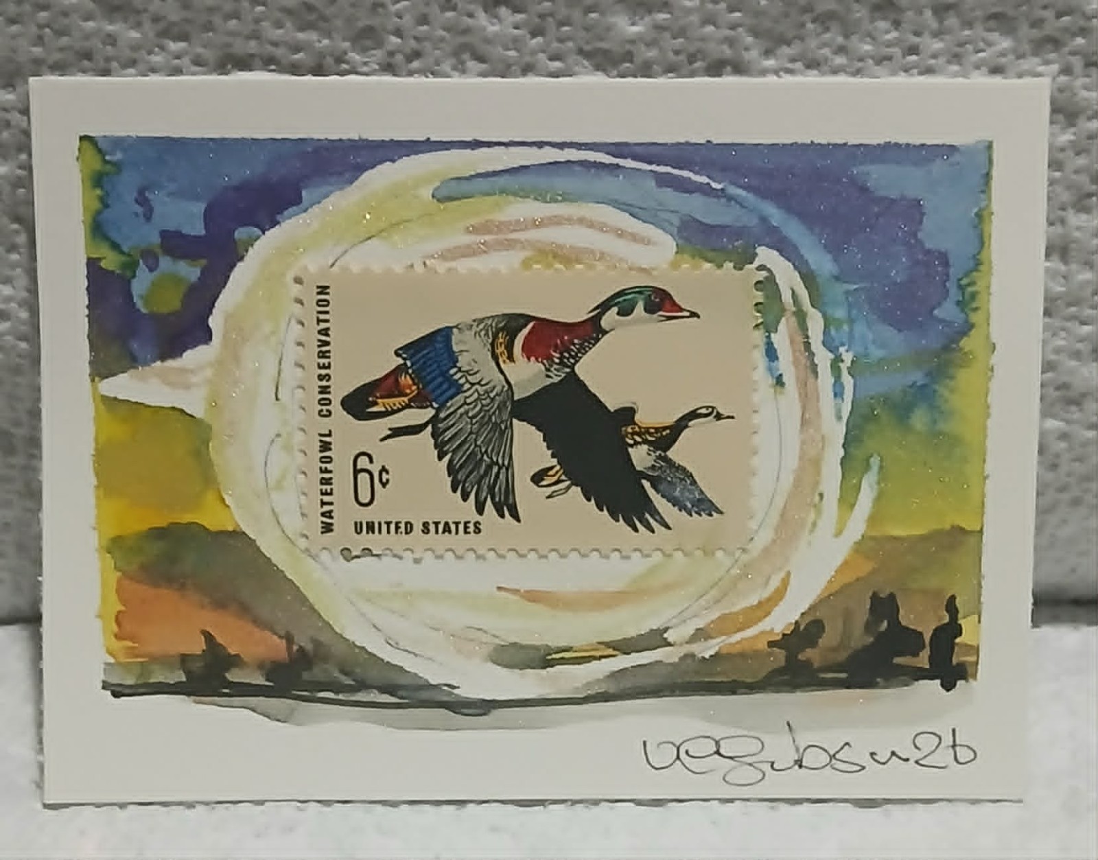 Postal Whimsy OOAK Waterfowl Conservation 6¢ Stamp ACEO Abstract Moonlit Flight