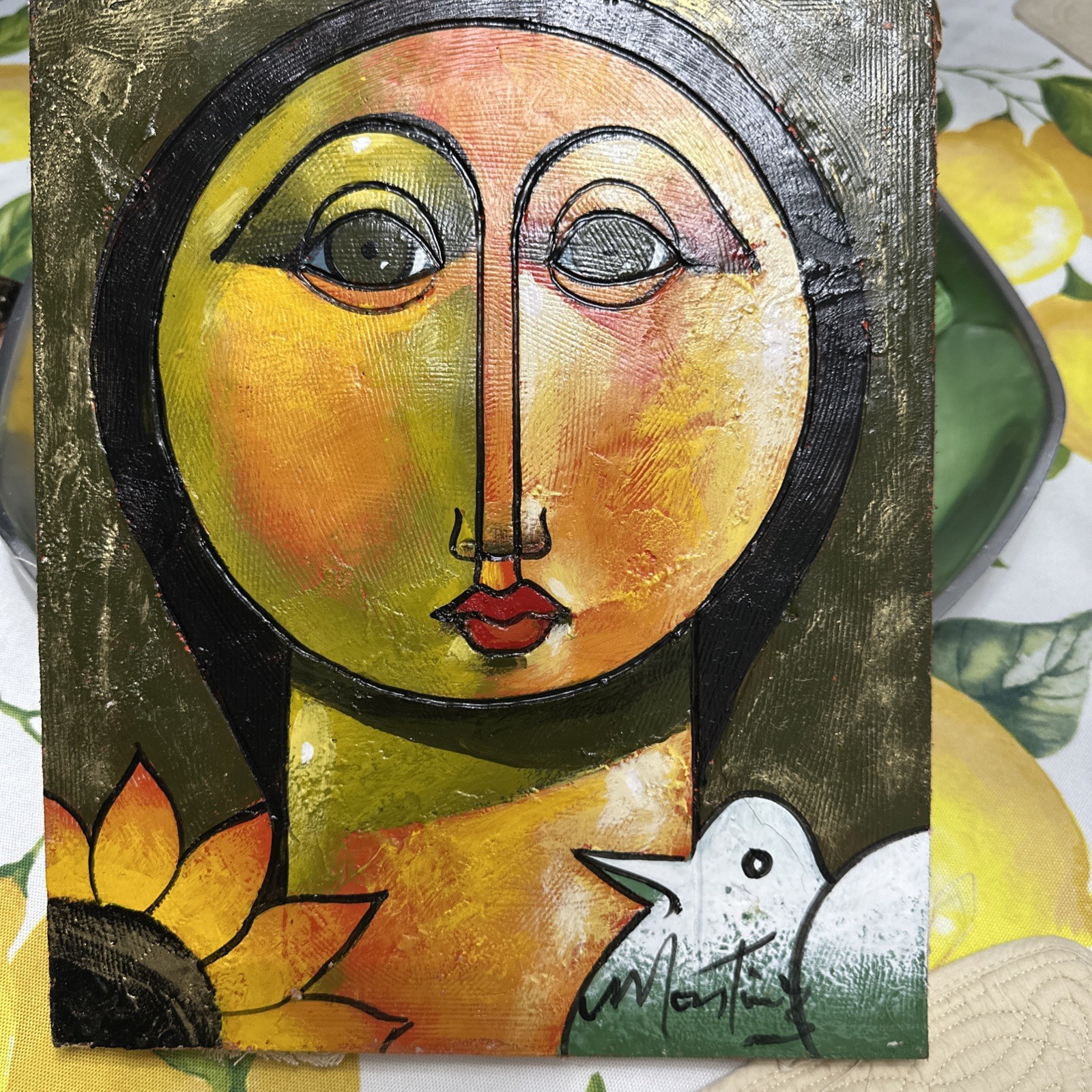 VTG Rafael MARTÍNEZ-Rostro Girl with Doves Signed Oil Painting 10″ x 12″ 2003