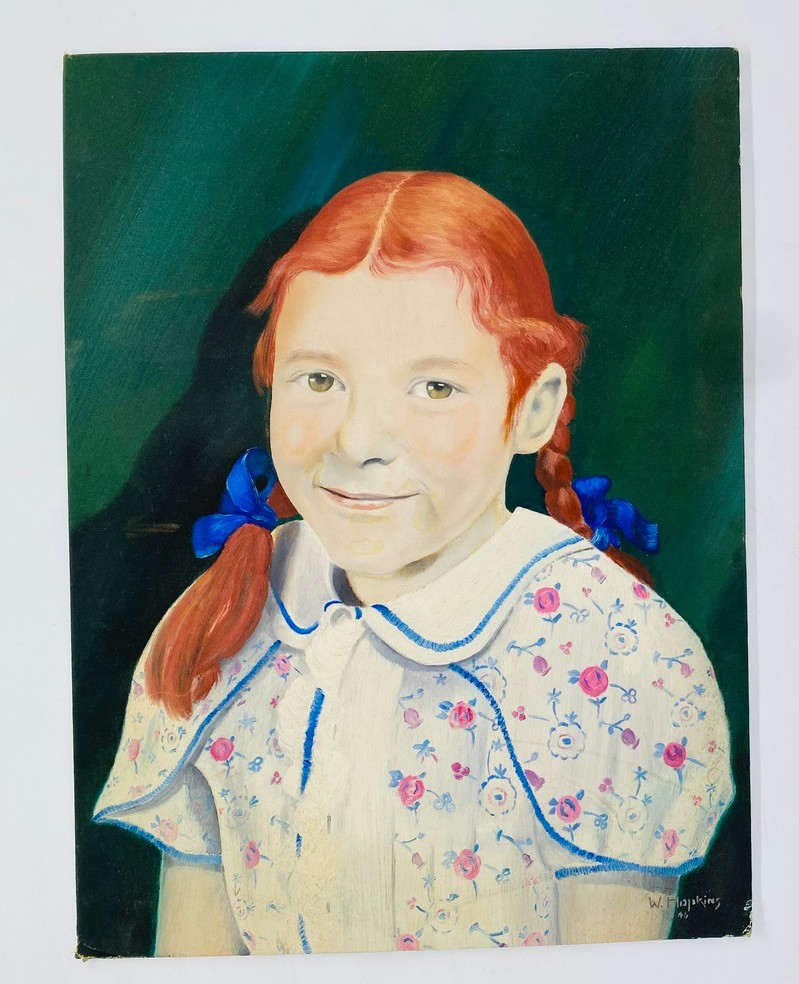 1946 Portrait Red Haired Girl Pigtails Artist Signed W Hopkins Vintage Painting