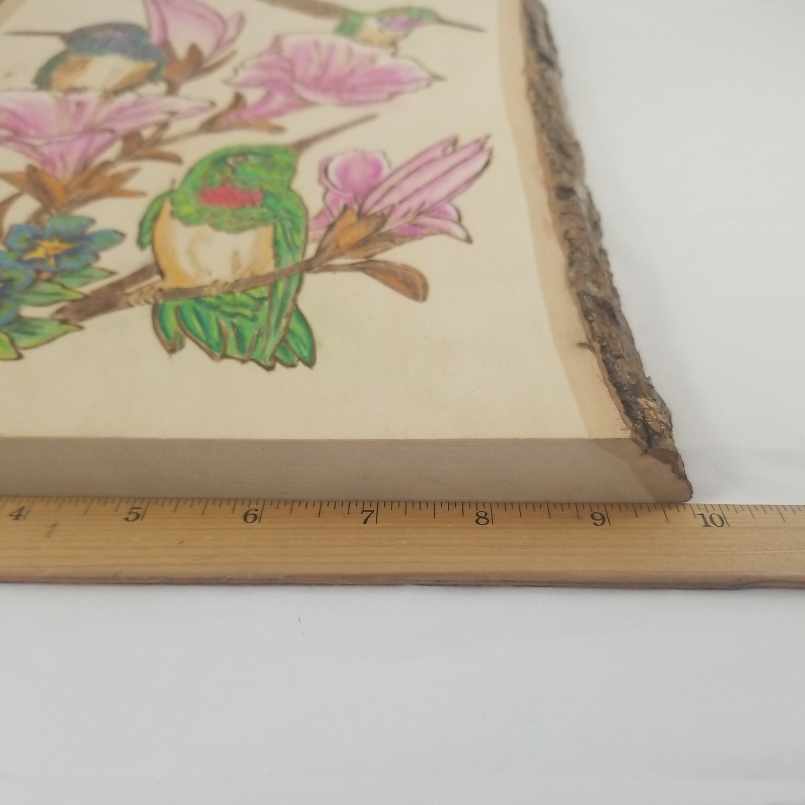 Hummingbirds w/ Pink Flowers on Wood Plank Wood Burning Folk Signed Joi 12″x10″