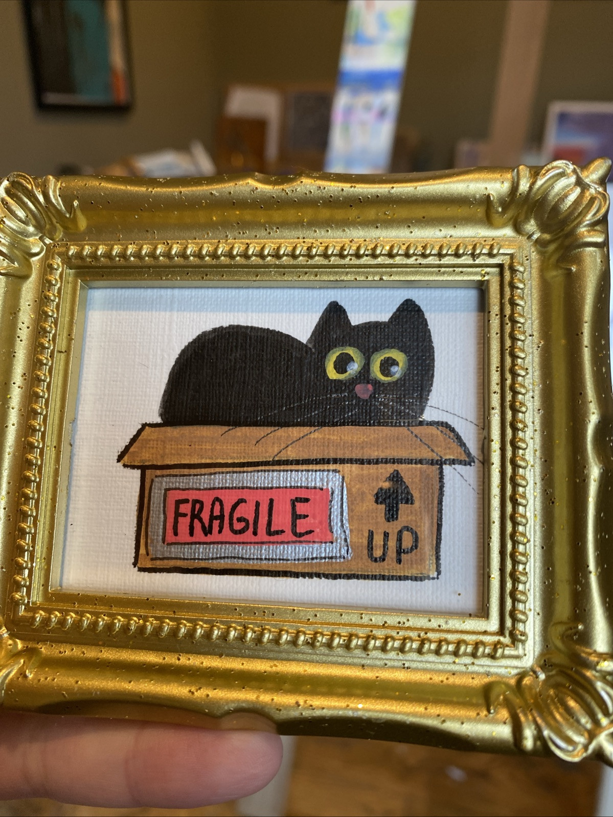 Black Cat In The Box, original ,funny,3/4,miniature,framed