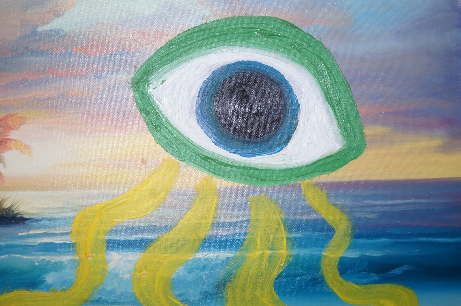BEACH EYE UFO Psychedelic Ancient Mod Original Oil Painting ALEX CROWLEY Signed