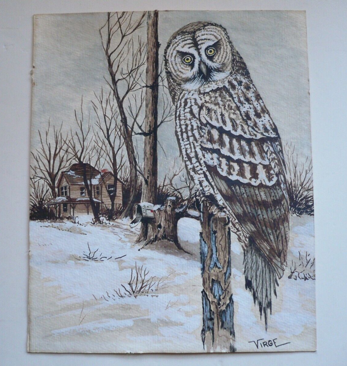 VIRGE Virginia Roberts, CA CALIFORNIA LISTED, OWL LANDSCAPE NATURE WINTER SIGNED