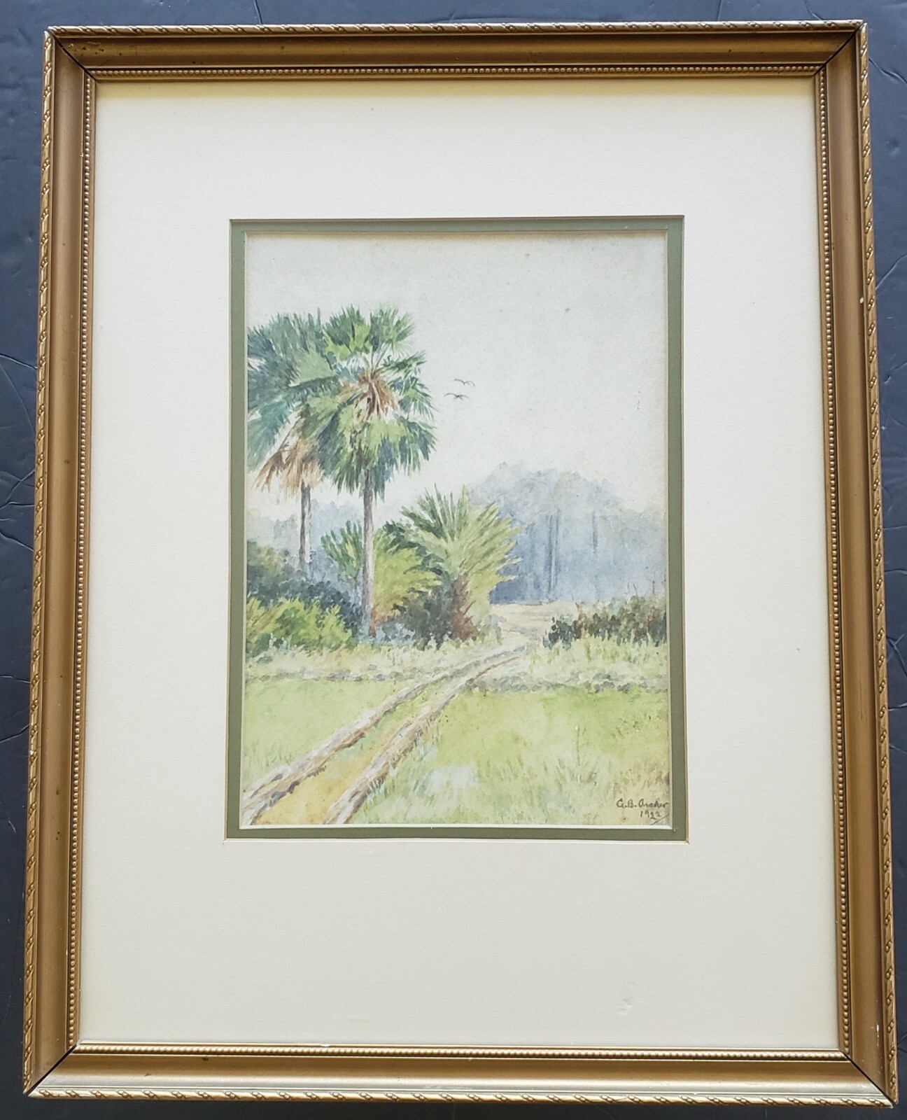 ANTIQUE ORIGINAL SIGNED G.B ARCHER 1922 W/C WATERCOLOR PAINTING PALMS LANDSCAPE