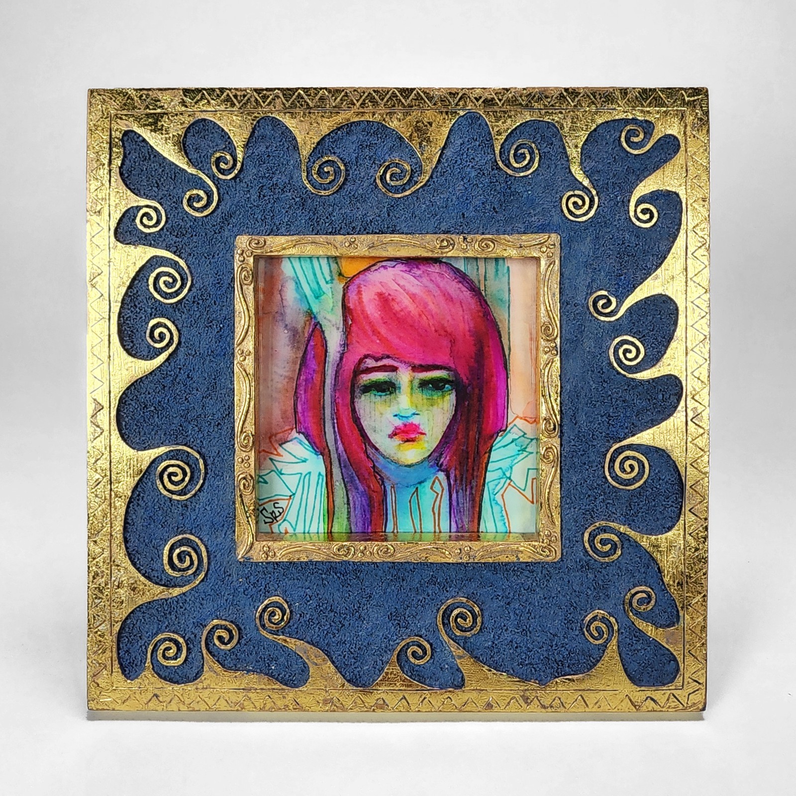 Original Art Watercolor Painting Colorful Pensive Small Portrait Easel Frame