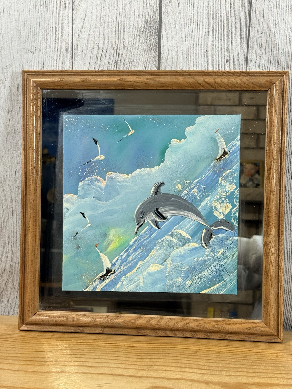 Dolphin Painting On Mirror Signed By Tom Dunham 13.5 Inches By 13.5