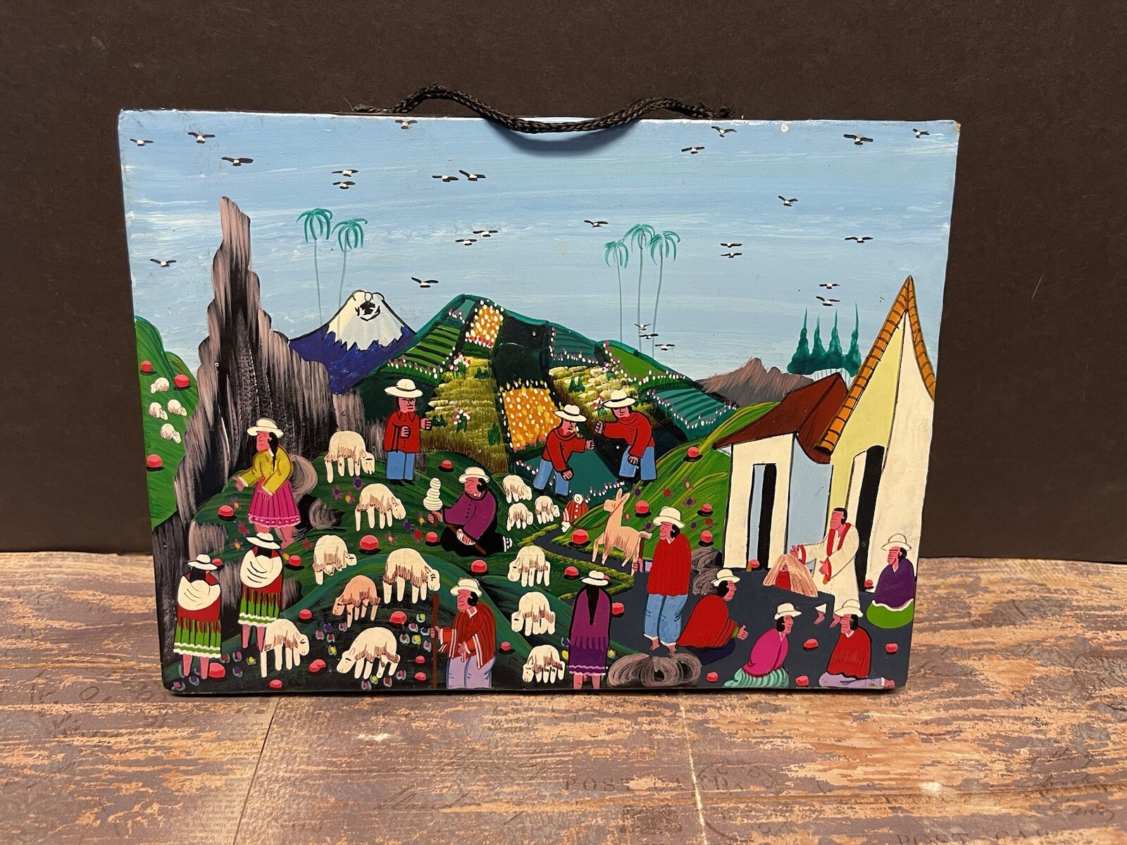 Minature Folk Peruvian Painting On Stretched Animal Hide. Bright MCM Vibe