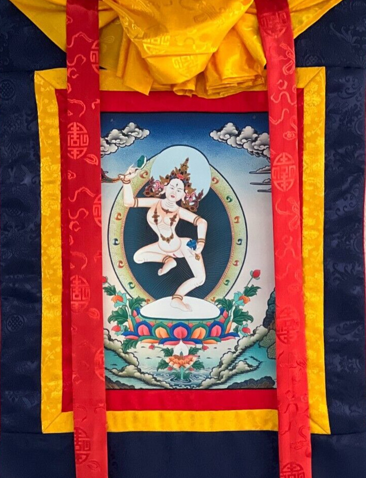 MACHIG LABDRON DIGITAL/ GICLEE PRINT TIBETAN THANGKA PAINTING WITH SILK BROCADE