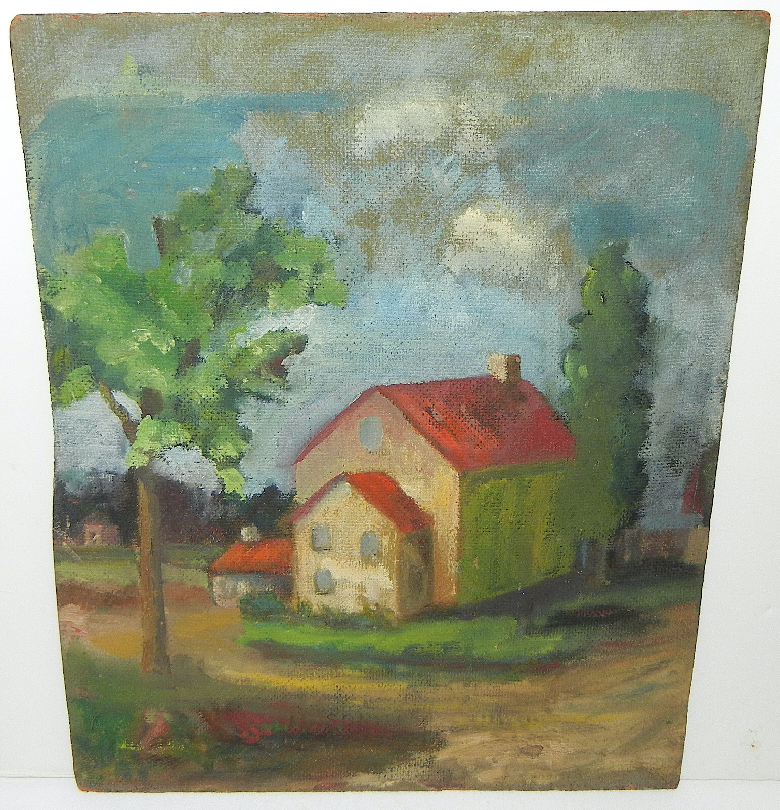 VINTAGE WPA ERA 1940 RED ROOF HOUSE NJ DOROTHY B HAGGAS 2 SIDED OIL PAINTING