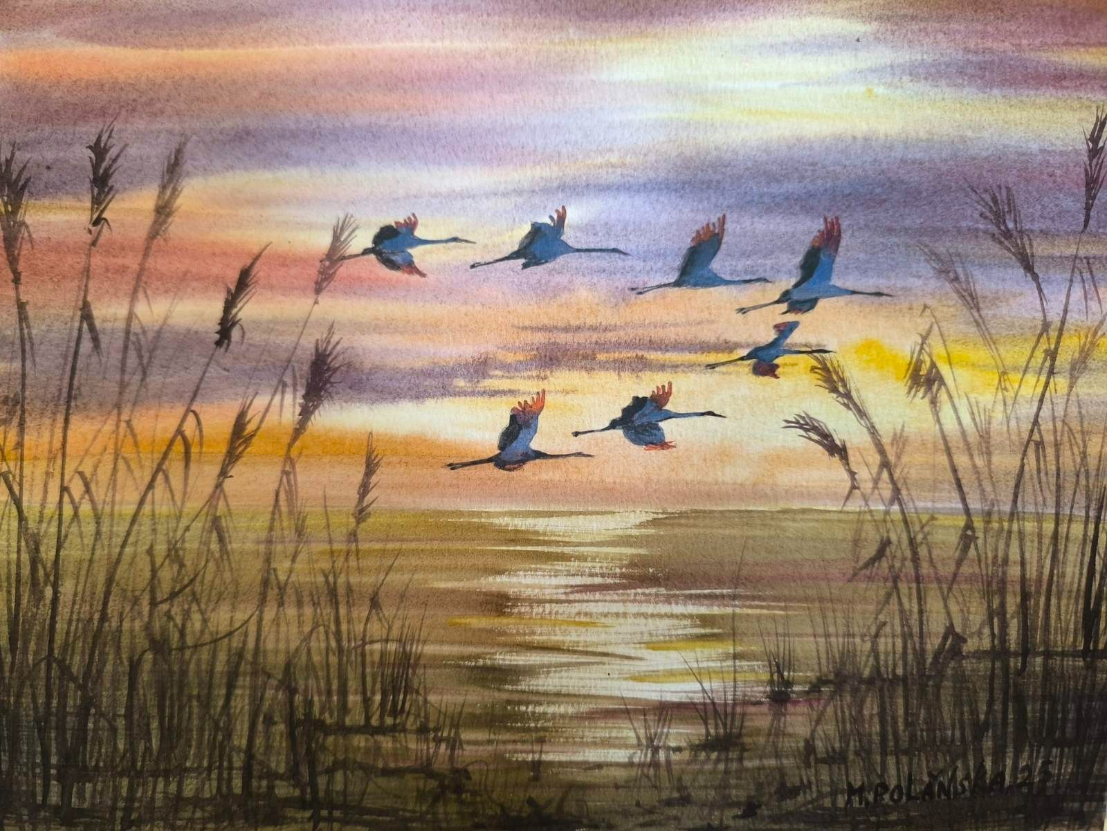 BIRDS BLUE HERONS CLOUDY SKY Original Arts Painting Landscape CRANES Seascape A4