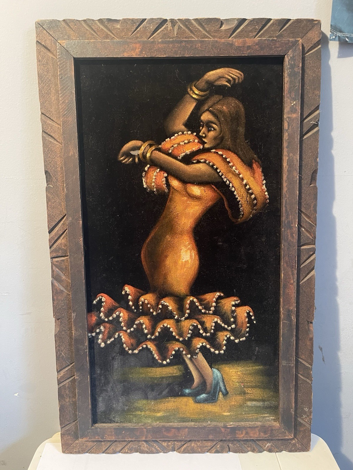 Vintage 70s Black Velvet Painting Art Spanish Women Dancing Flamenco 23 x 14 💃