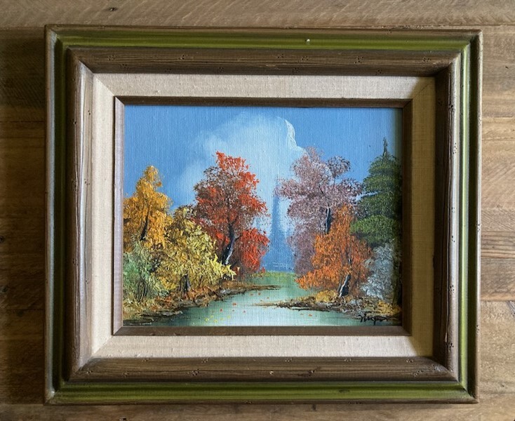 vtg original oil painting on board 8″ x 10″ framed matted landscape signed