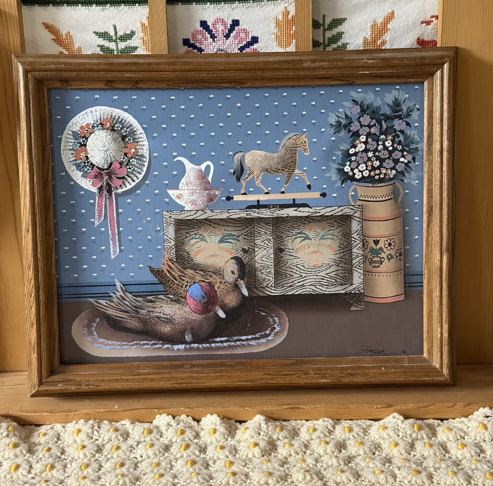 Vintage Jasper Folk Americana Art Duck Blue Cottage Framed Oil Painting