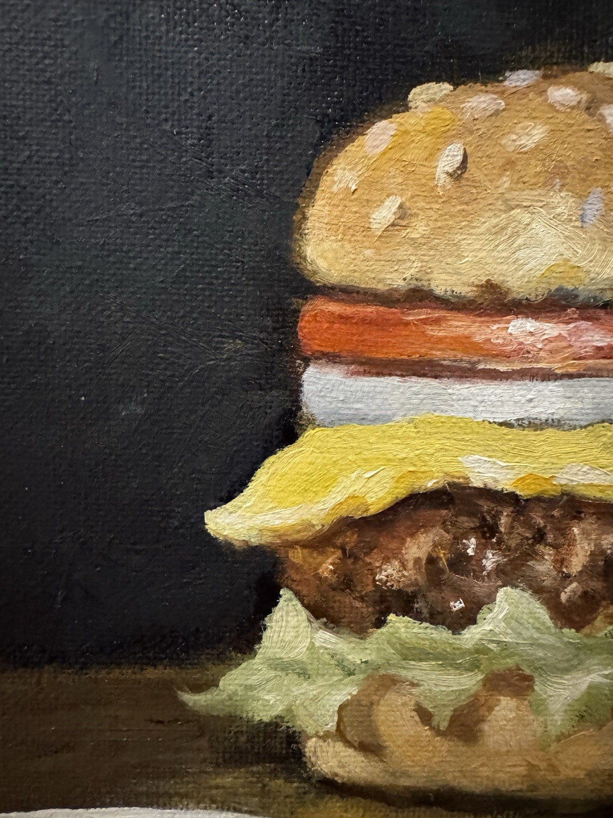 Original New Impressionist Still Life Cheeseburger Onion Fries Oil Painting