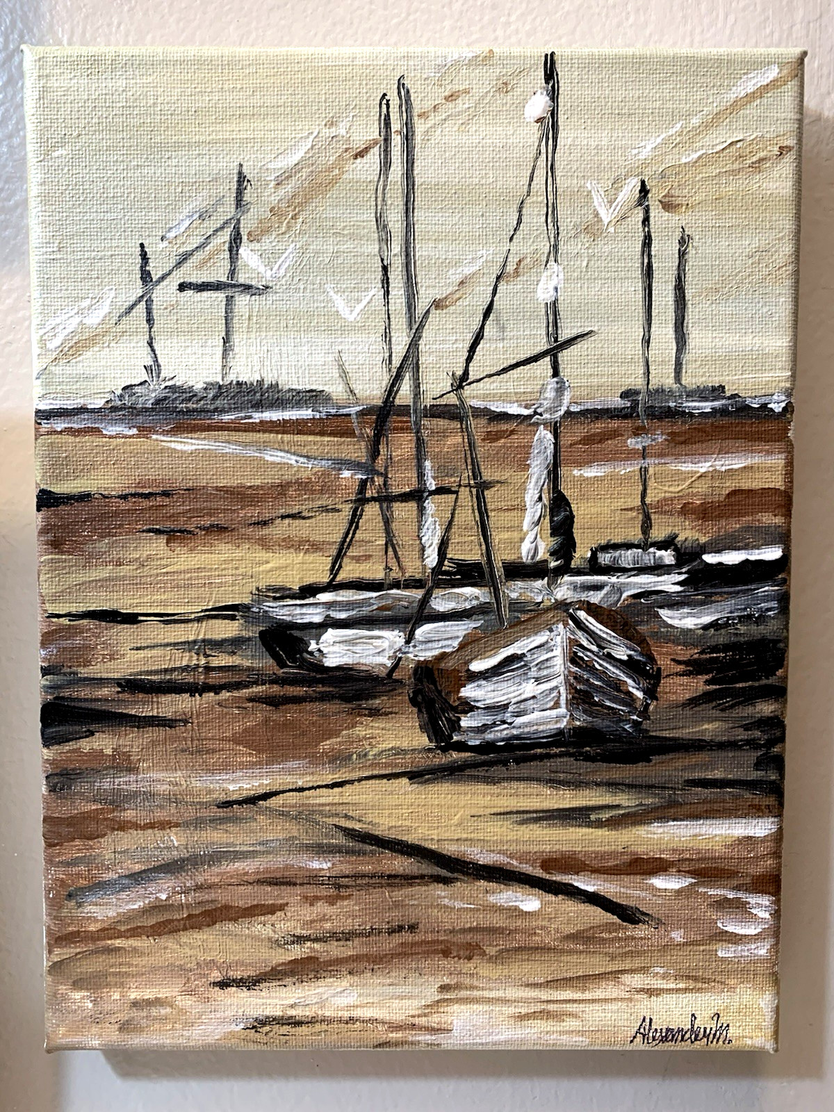 Dream Art Boats at the Marine Seascape Tan Brown Ocean Sea Painting Landscape