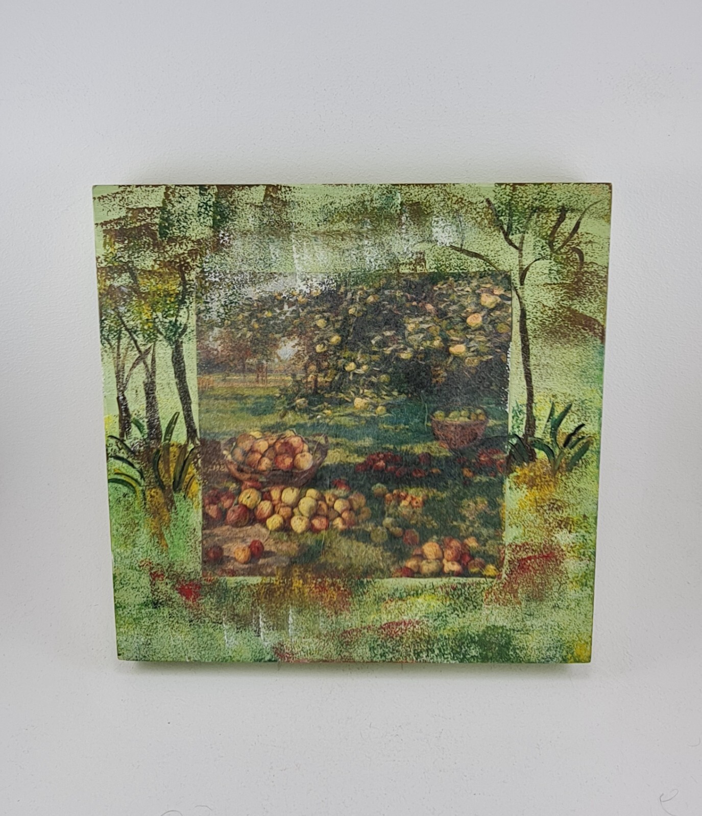 Vintage Wooden oil painting landscape Apple Trees Secret Garden Decorative Art